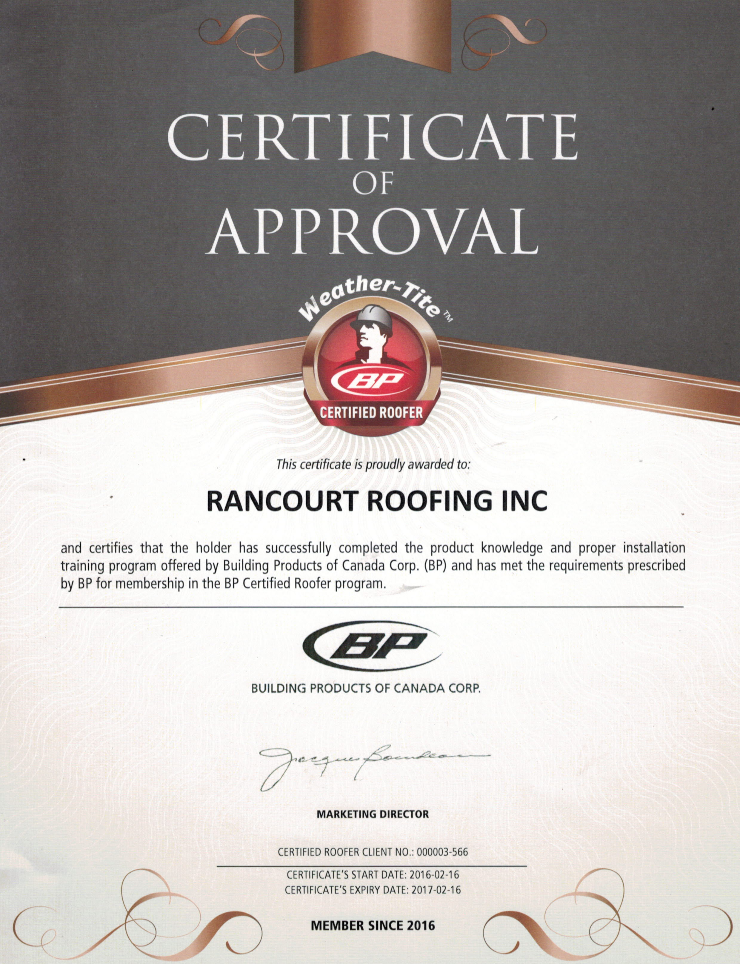 Rancourt Roofing BP certified roofer