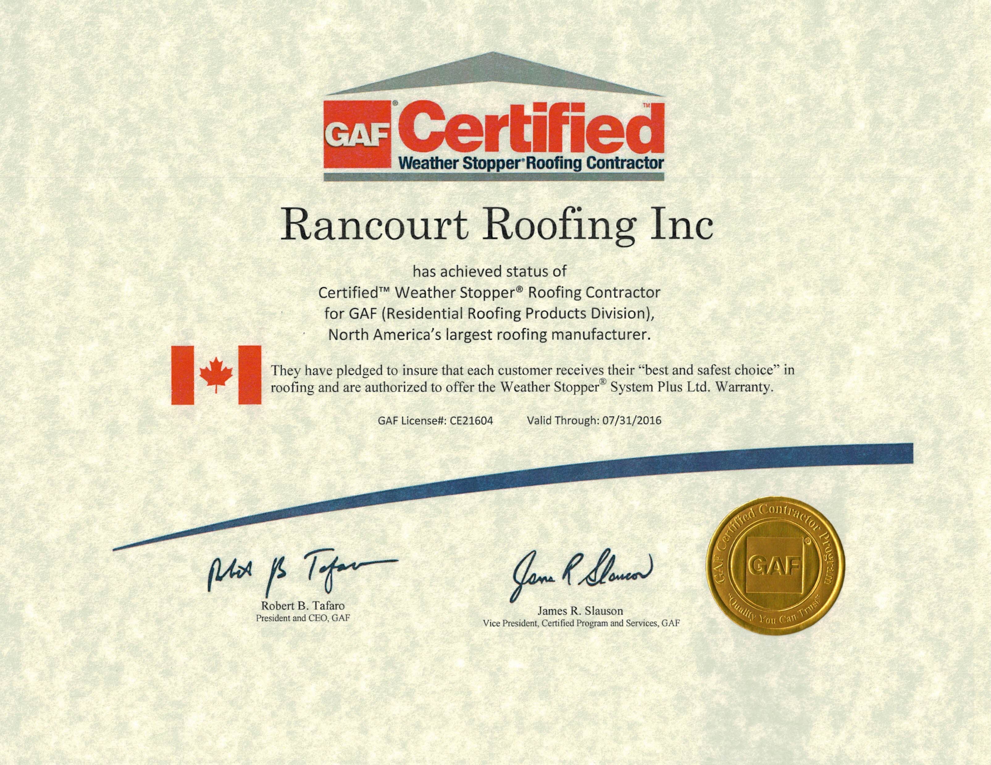 Rancourt Roofing GAF certified weather stopper roofing contractor