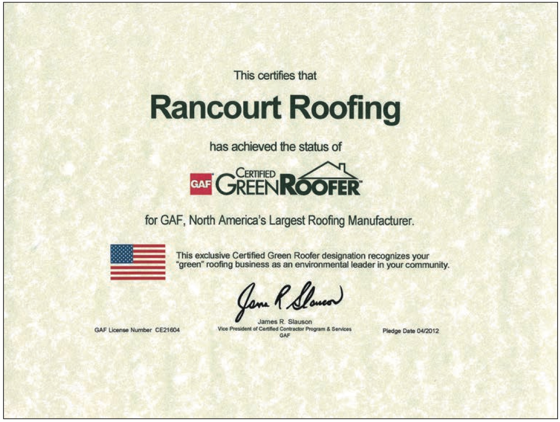 Rancourt Roofing GAF certified green roofer
